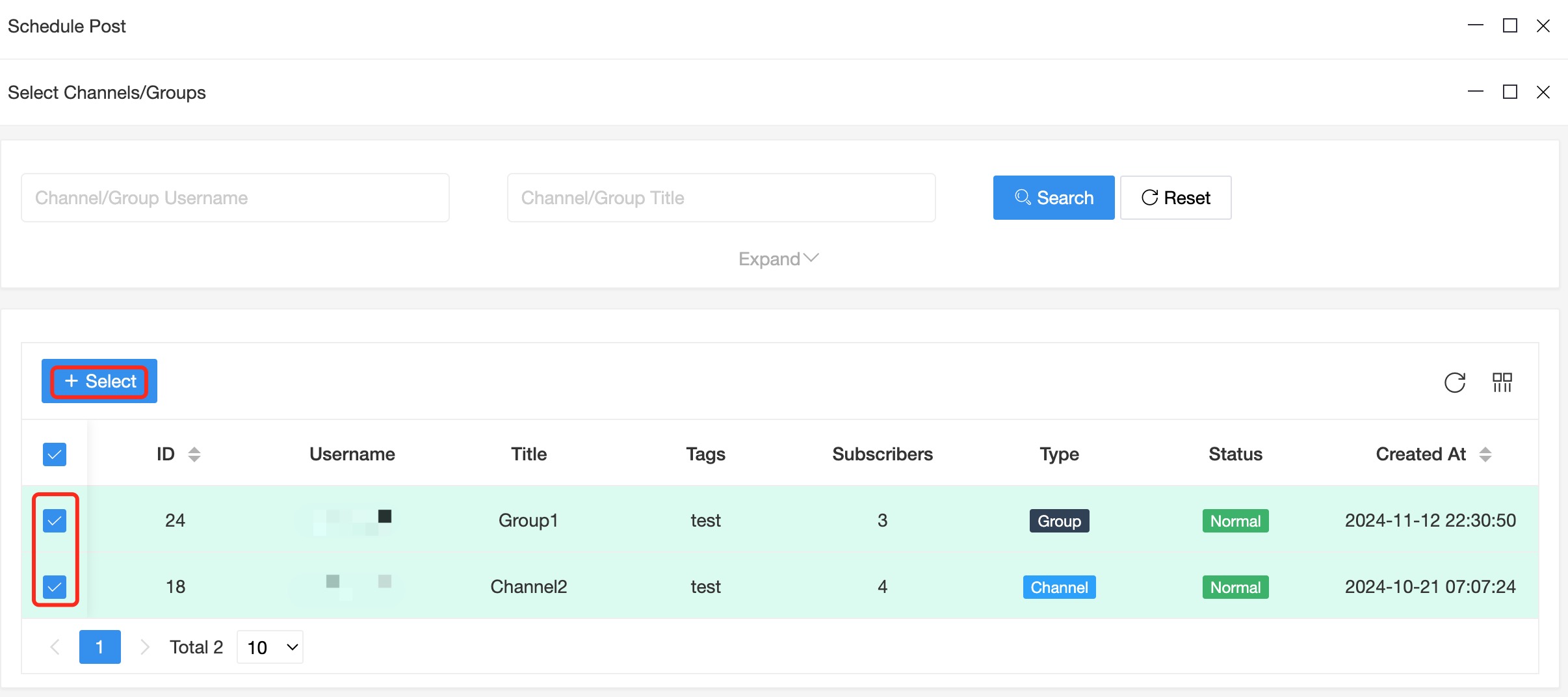 select channels/groups