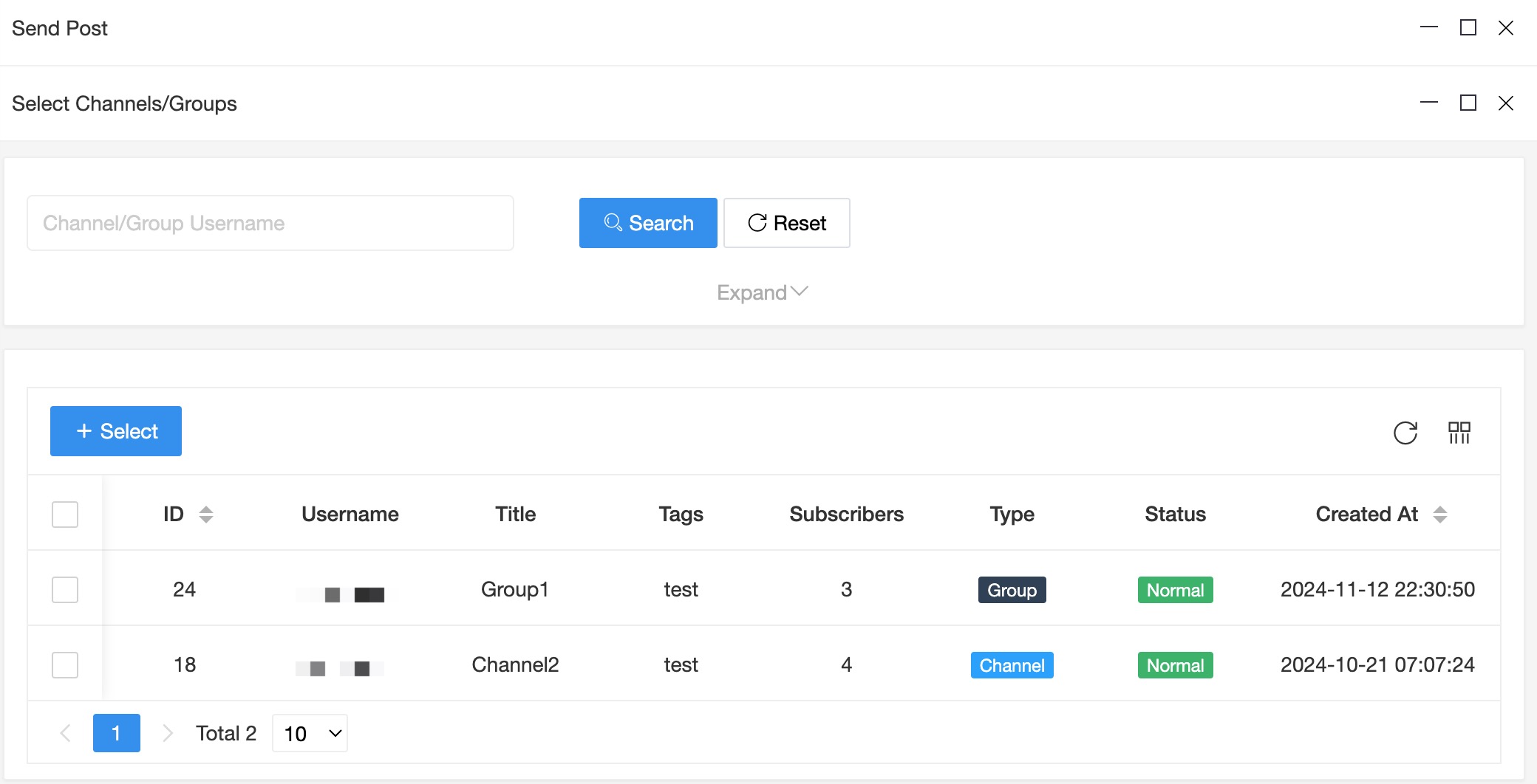 select channels/groups